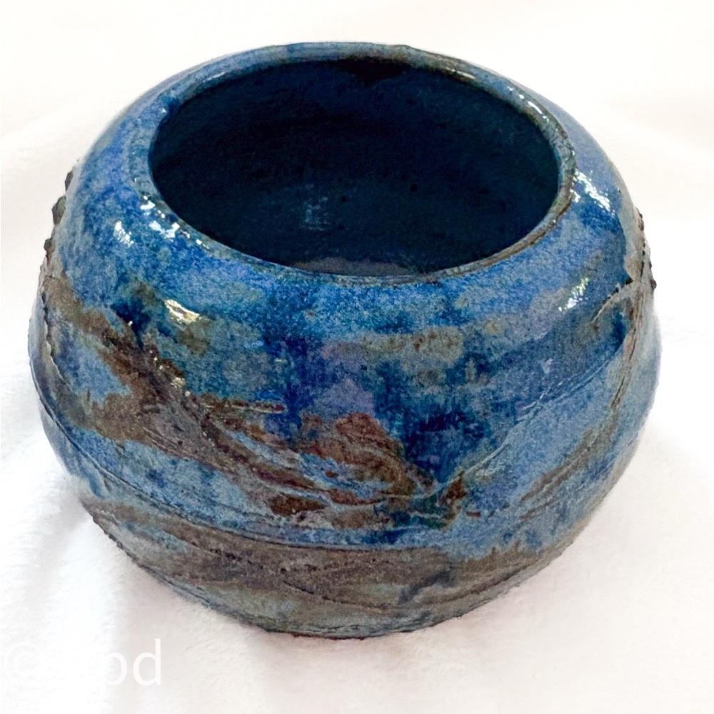 Vintage Studio Pottery Bowl – Signed Handmade Blue & Brown Ceramic